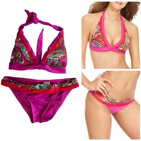 BECCA by Rebecca Virtue Magenta & Red Paisley Colorblock Bikini Size Medium - Picture 1 of 10